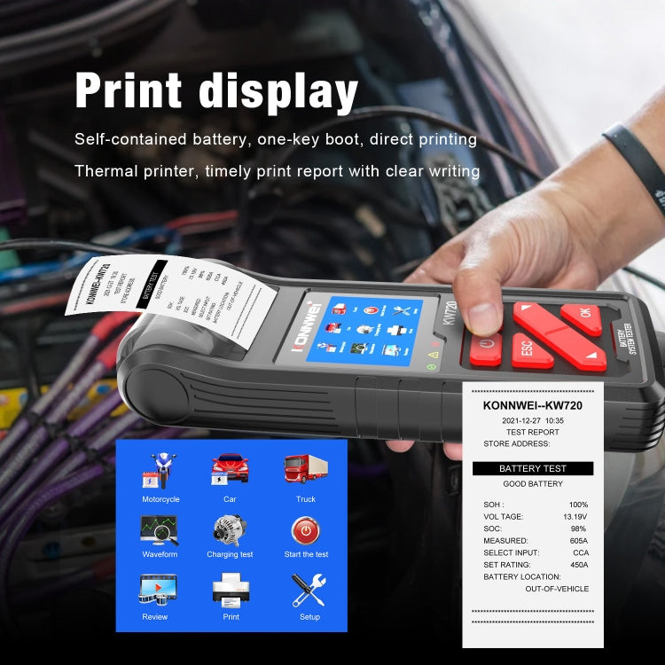 KONNWEI KW720 Car 3.2 inch 6V-24V Lead-acid Battery Tester with Printer, KW720 KONNWEI KW720 Car 3.2 inch 6V-24V Lead-acid Battery Tester with Printer, KW720